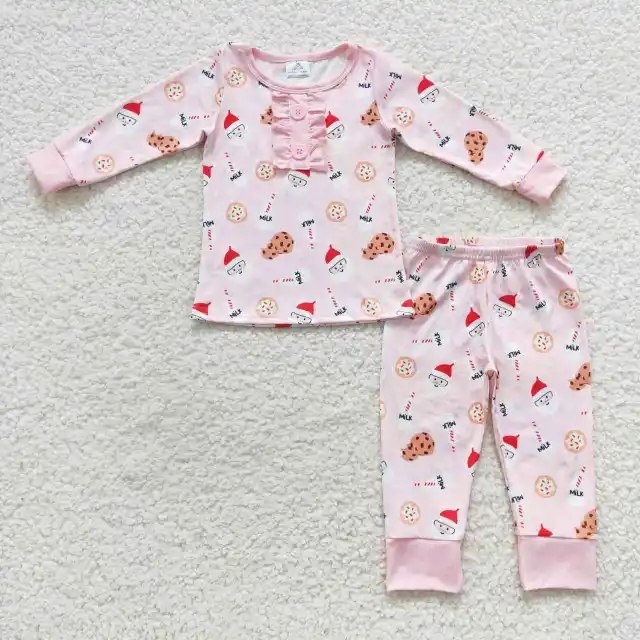 GLP0592 Girls Christmas Milk Cookies Santa Lace Pink Long Sleeve Pant Set