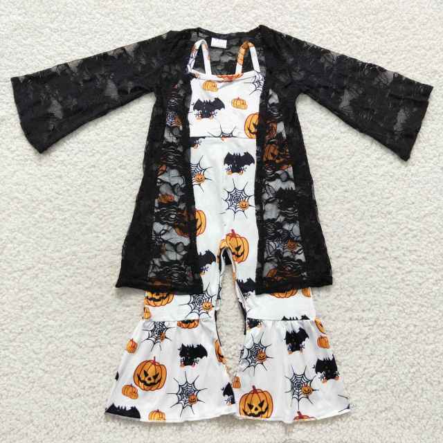 6 B11-18 SR0067 Black Lace Cardigan Jacket Girl Halloween Pumpkin White Sling Jumpsuit