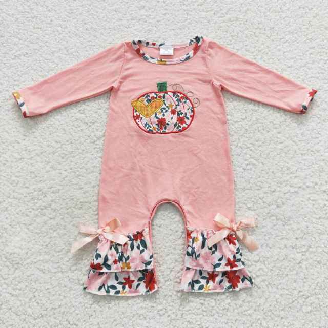 LR0278 Pink Embroidered Bow Floral Long Sleeve Bodysuit