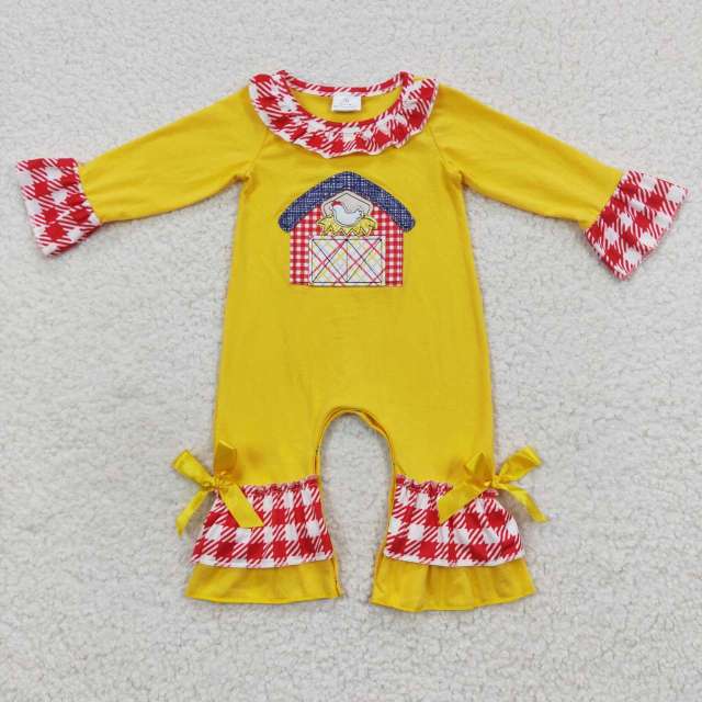 LR0383 Girls Embroidery Farm Chicken Red House Red Plaid Lace Yellow Long Sleeves Bodysuit