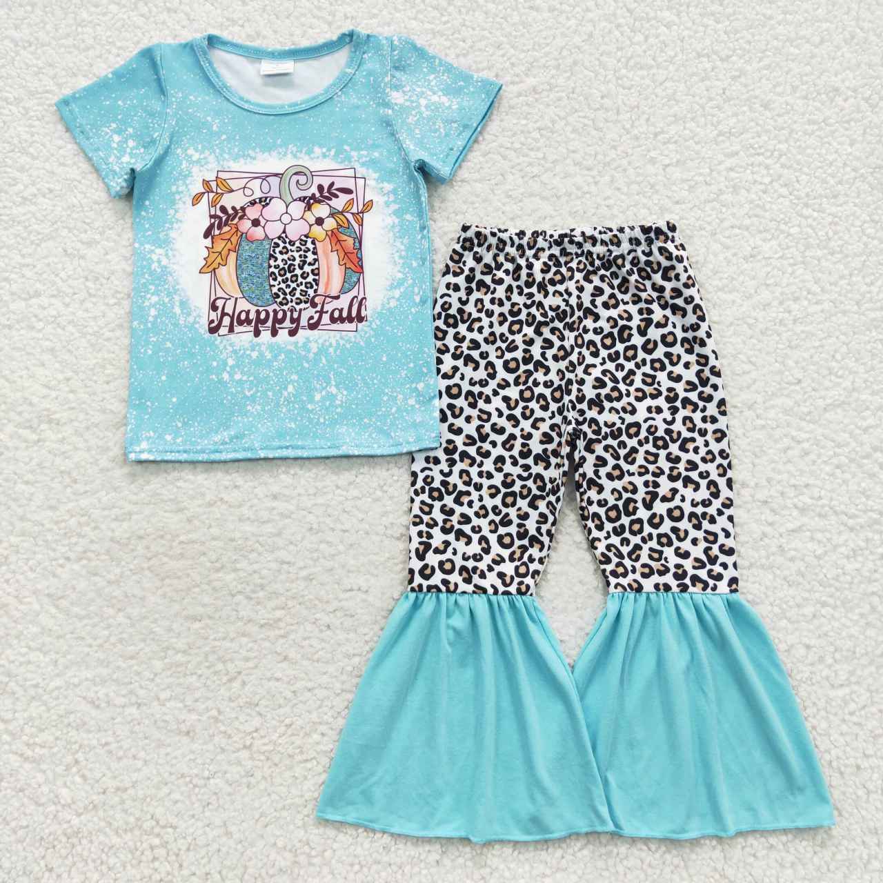 GSPO0708 Girls Halloween happy fall pumpkin leopard turquoise short sleeve Pant Set