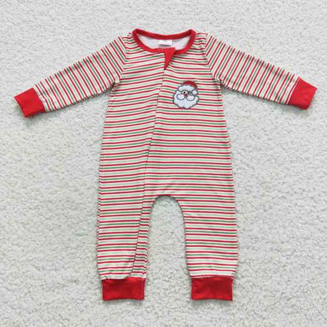 LR0442 Boys Christmas Embroidered Santa Claus Red and Green Striped Zippered Long Sleeves Bodysuit