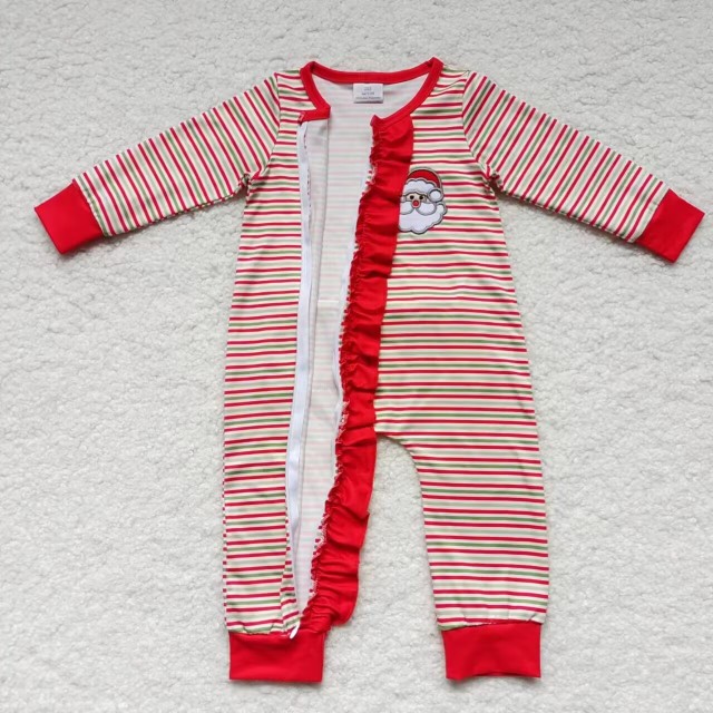 LR0441 Girls Christmas Embroidered Santa Claus Red and Green Striped Zippered Long Sleeves Bodysuit