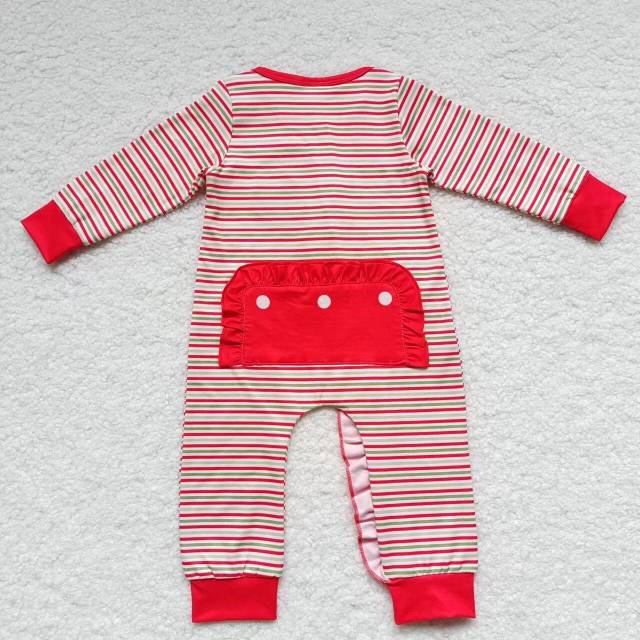 LR0441 Girls Christmas Embroidered Santa Claus Red and Green Striped Zippered Long Sleeves Bodysuit