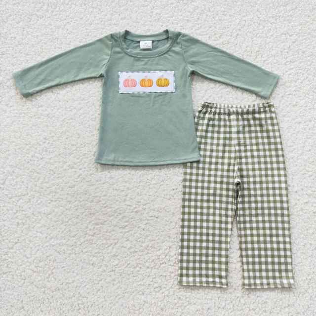 BLP0226 Boys Halloween Embroidered Three Pumpkins Green Plaid Long Sleeve Pant Set