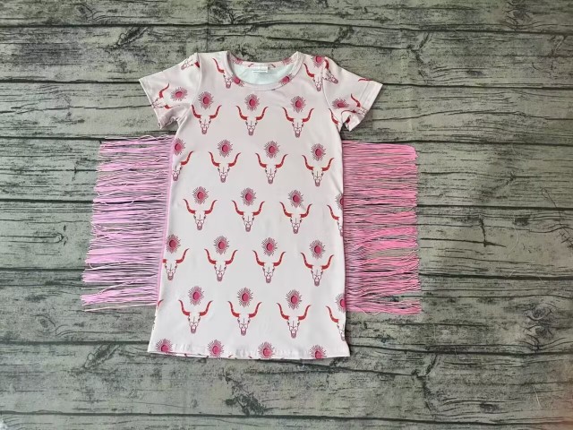 Pre-order girls summer clothes tassel pink short sleeve top