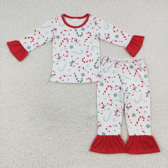 GLP0610 Girls Christmas Candy Cane Red Lace Long Sleeve Pant suit