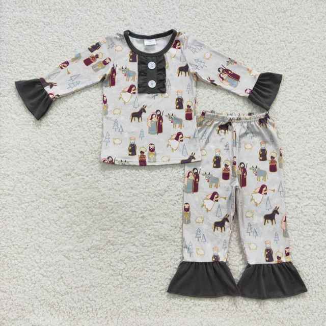 GLP0587 Girls Jesus Star Cow Sheep Tree Lace Gray Long Sleeve Pant suit