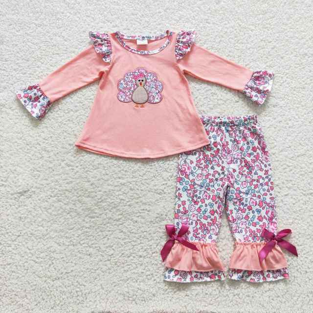 GLP0466 Girls Floral Lace Embroidered Turkey Pink Long Sleeves Pant Set