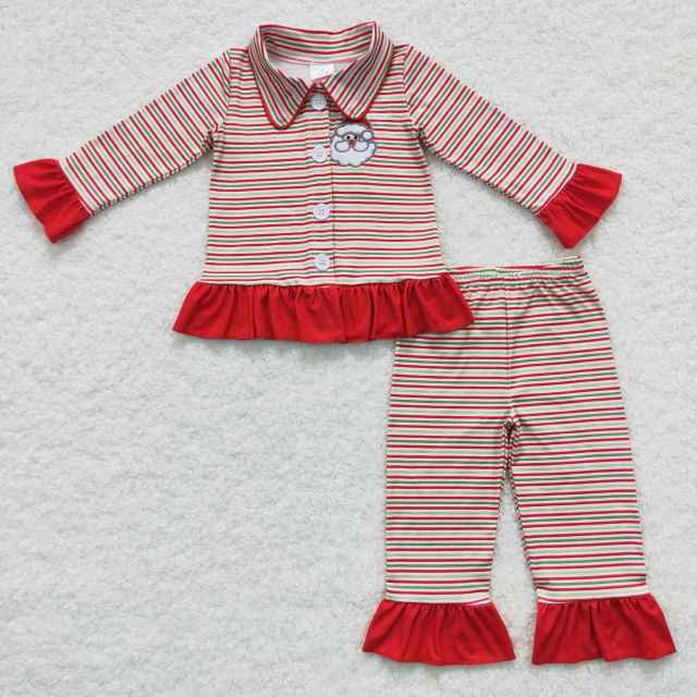 GLP0550 Girls Embroidered Santa Claus red and green striped collar lace Long Sleeve Pant Set