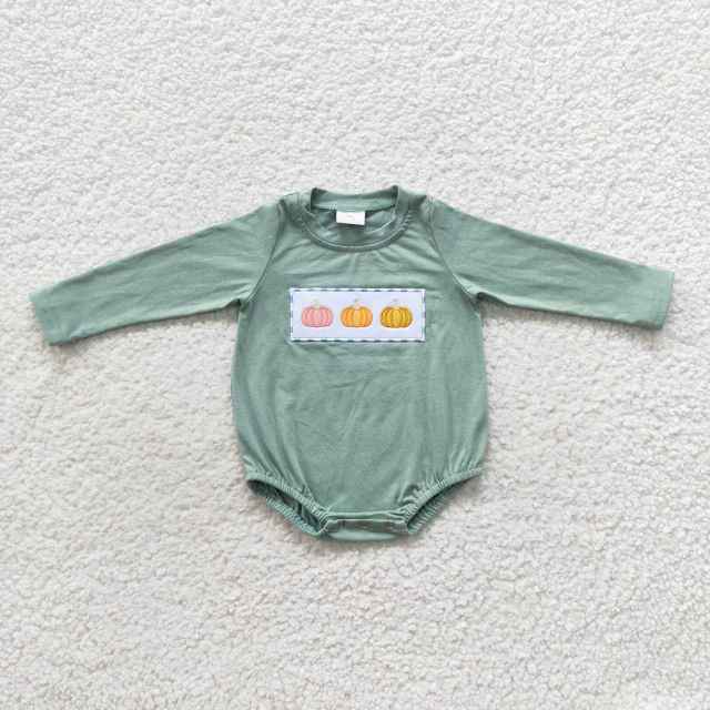 LR0451 Boys Embroidered Three Pumpkins Green Long Sleeve Bodysuit