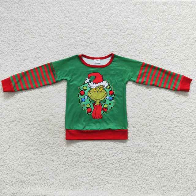 BT0245 Boys Christmas cartoon grinch red and green striped long-sleeved top