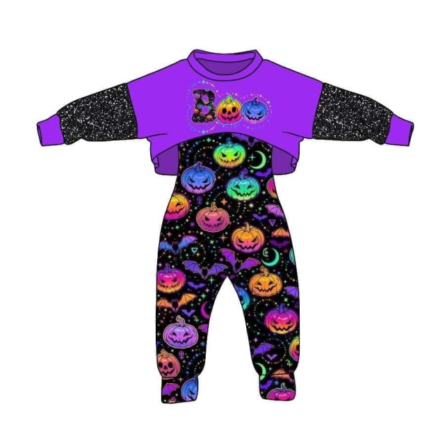 Pre-order girls summer clothes halloween purple pumpkin long sleeve jumpsuit 2pcs