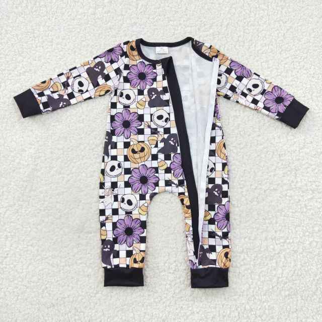 LR0445 Boys The Nightmare Before Christmas Jack Candy Flower Pumpkin Plaid Zipper Long Sleeve Bodysuit