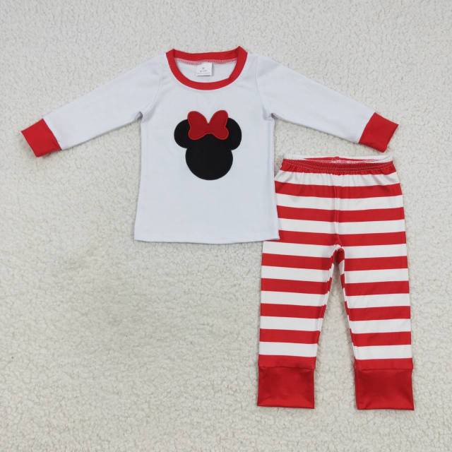 GLP0508 Girls Embroidery Cartoon Bow Knot Mickey Minnie Red White Stripes Long Pants Set