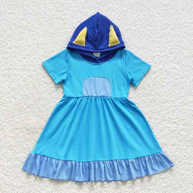 GSD0386 Blue Hooded Short Sleeve Wood Ear Trim Dress