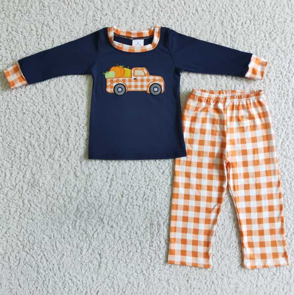 BLP0002 Autumn Orange Plaid Embroidered Pumpkin Cart Long Sleeve Trousers Set