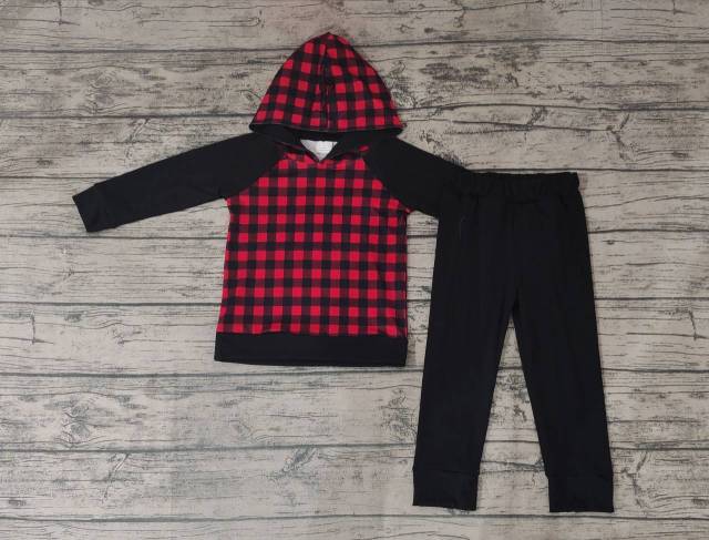 Pre-order boys summer clothes red and black grid hooded long sleeve pants set