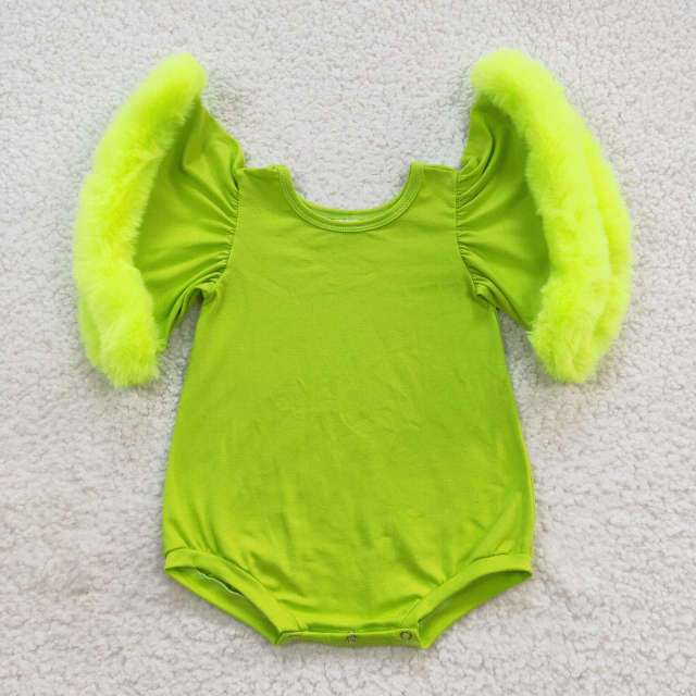 SR0413 Green Fleece Lace Bell Sleeve Short Sleeve Bodysuit