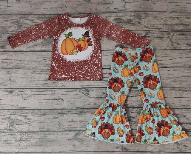 Pre-order girls summer clothes turkey pumpkin long sleeve pants set