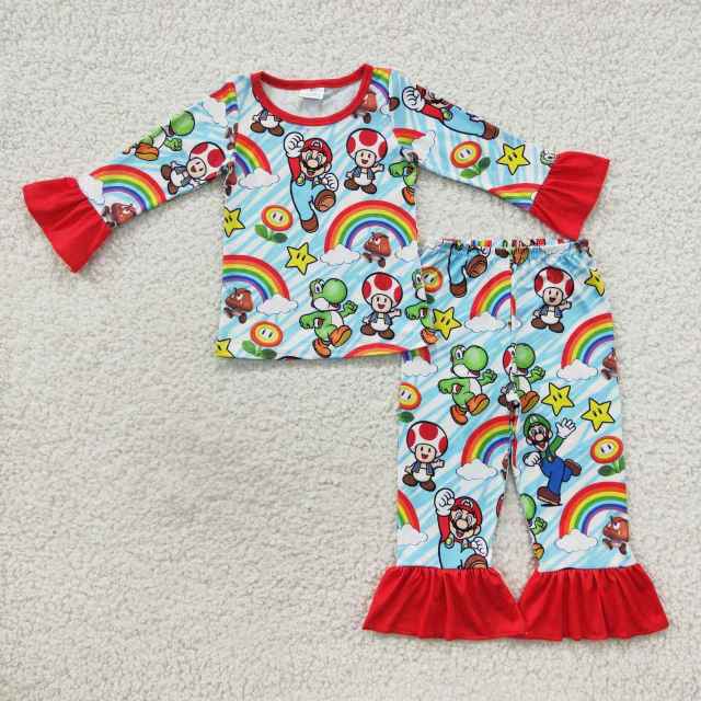 GLP0668 Mario Mushroom Rainbow Lace Red Blue Long Sleeve Pant Set