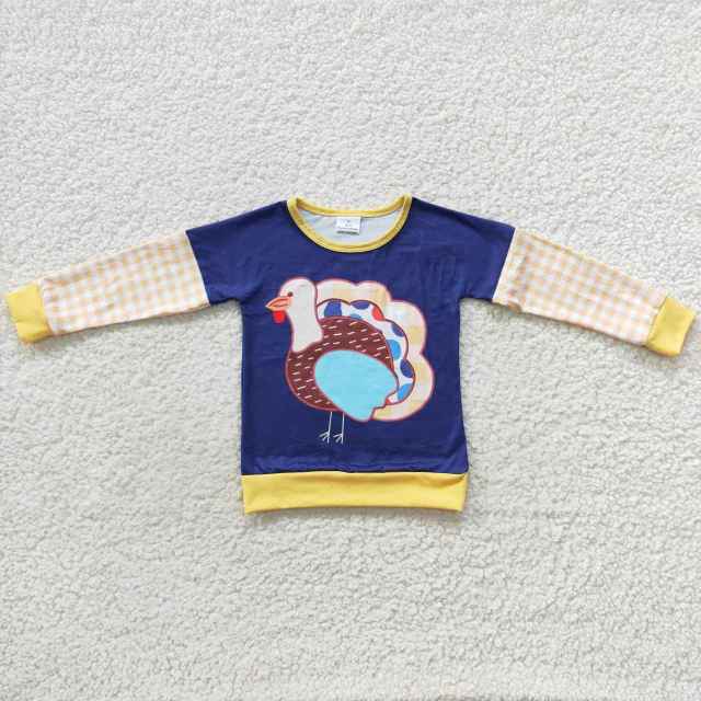 BT0244 Boys Thanksgiving Turkey yellow and white striped navy blue long-sleeved top