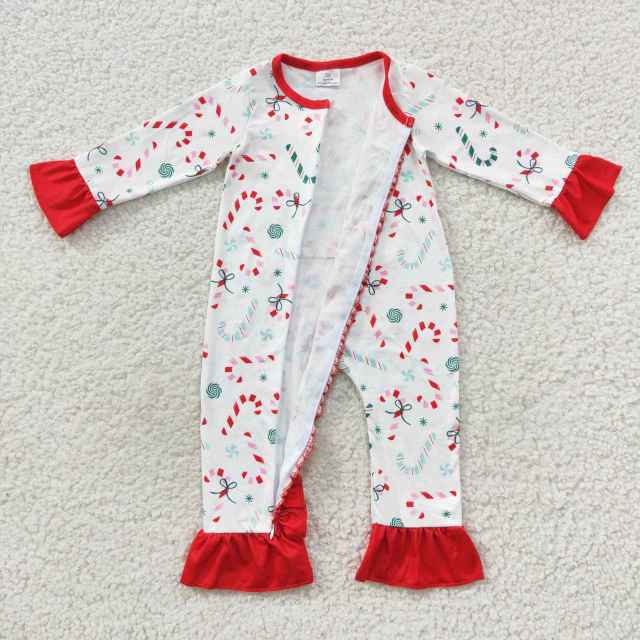 LR0501 Girls Christmas Candy Cane Red Lace Zip Long Sleeve Bodysuit