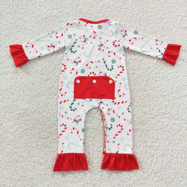 LR0501 Girls Christmas Candy Cane Red Lace Zip Long Sleeve Bodysuit