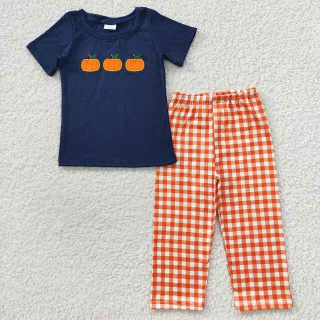BSPO0145 Boys Halloween Embroidered Three Pumpkins Navy Blue Short Sleeve Orange Plaid Long Pant Set