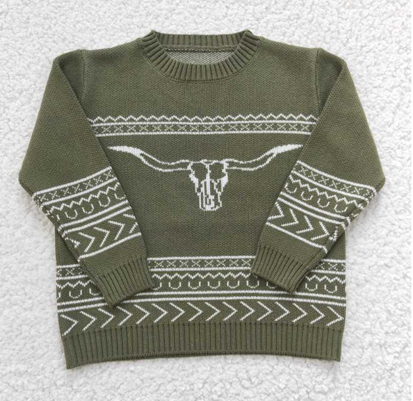BT0178 Boys Bull Head Green Long Sleeve Sweater