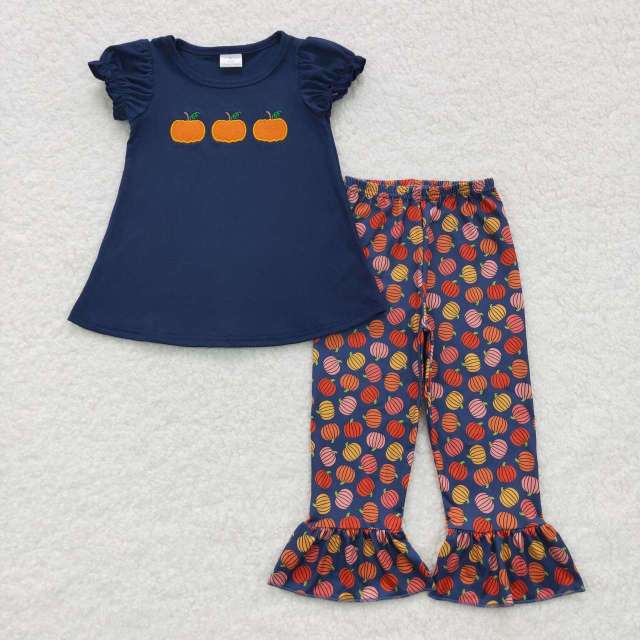 GSPO0762 Girls Halloween Embroidered Three Pumpkins Navy Blue Short Sleeve Lace Pant Set