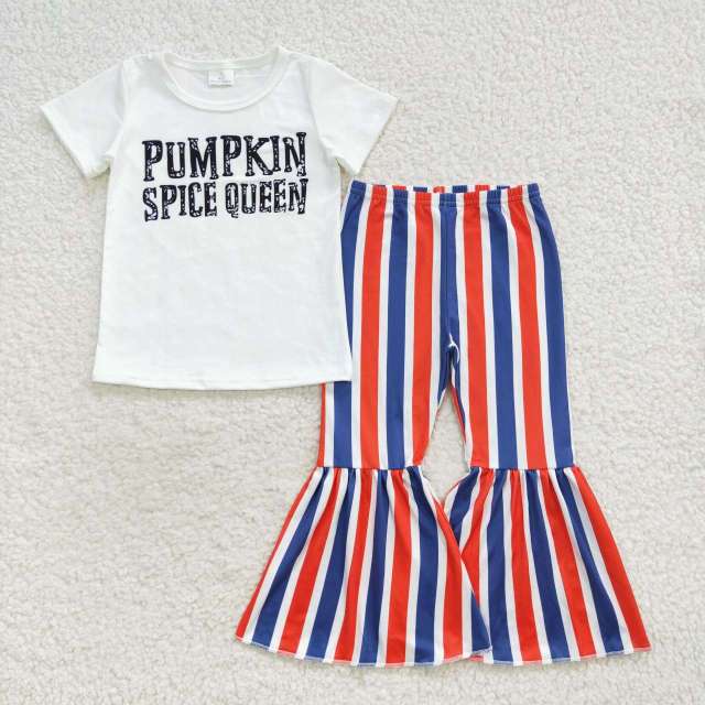GSPO0794 Girls Halloween pumpkin spice queen white short sleeve orange blue stripes long Pant Set