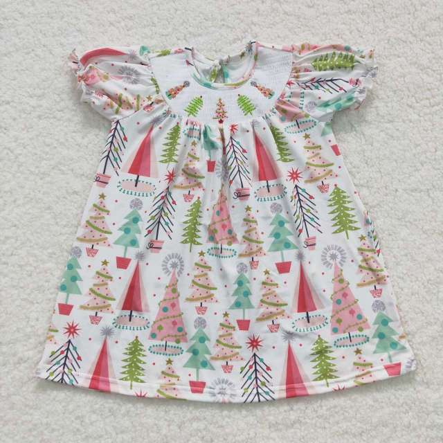 GSD0440 smocked embroidered Christmas tree white short-sleeved dress