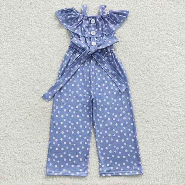 SR0421 Girls Polka dot bow tie lace blue jumpsuit