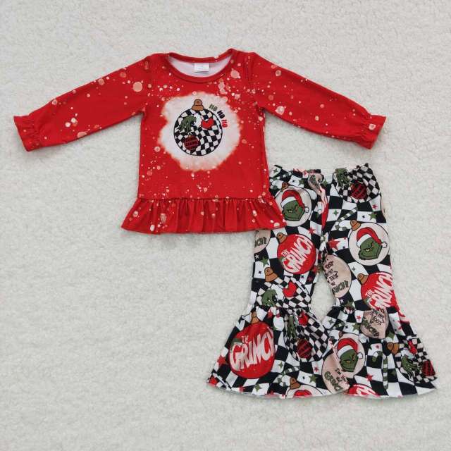 GLP0515 Girls Cartoon Christmas grinch red lace long sleeve black and white checkered Pants suit