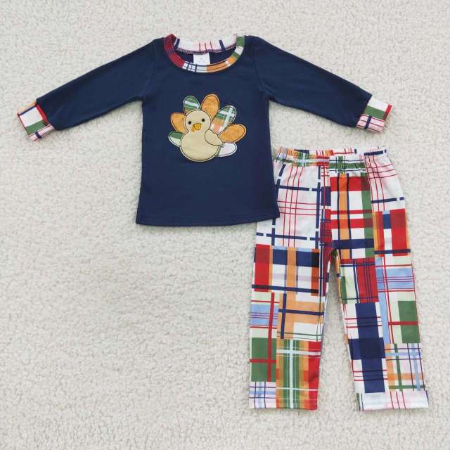 BLP0191 Boys Thanksgiving Embroidered Turkey Plaid Navy Blue Long Sleeves Pantsuit