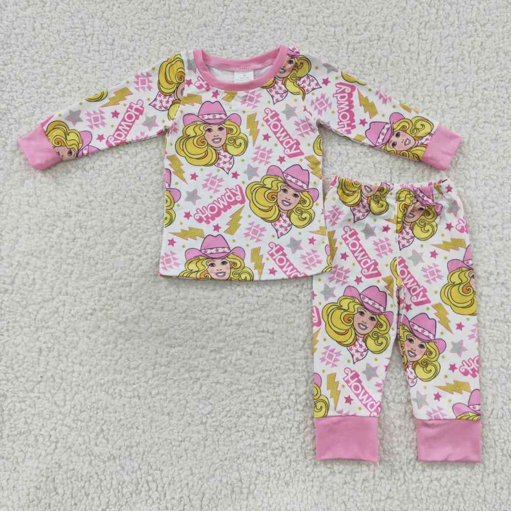 GLP0658 girls howdy barbie star lightning powder white long sleeve long pants suit