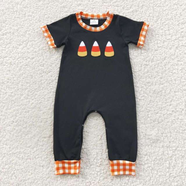 SR0400 Boys Halloween Embroidered Candy Orange Plaid Black Short Sleeve Bodysuit