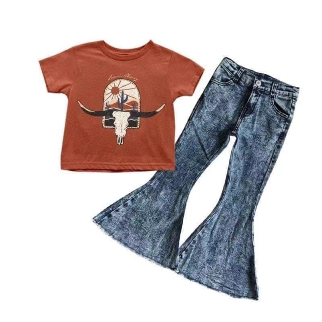 GT0106 Girls Tau Cactus Brown Short Sleeve Top and blue bell pants jeans