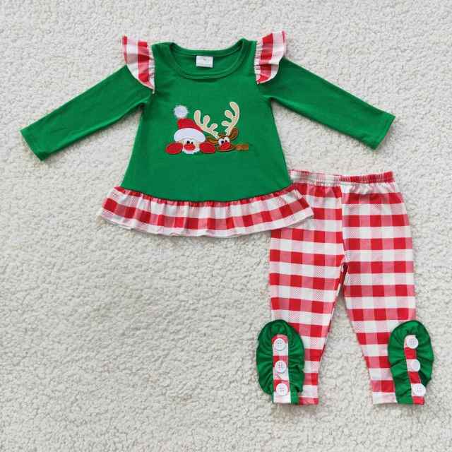 GLP0507  Girls Christmas Embroidery Santa Reindeer Plaid Lace Green Long Sleeve Pants Set