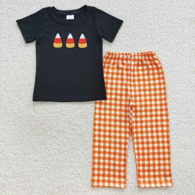 BSPO0121 Boys Halloween Embroidered Candy Black Short Sleeve Orange Plaid Long Pants Set