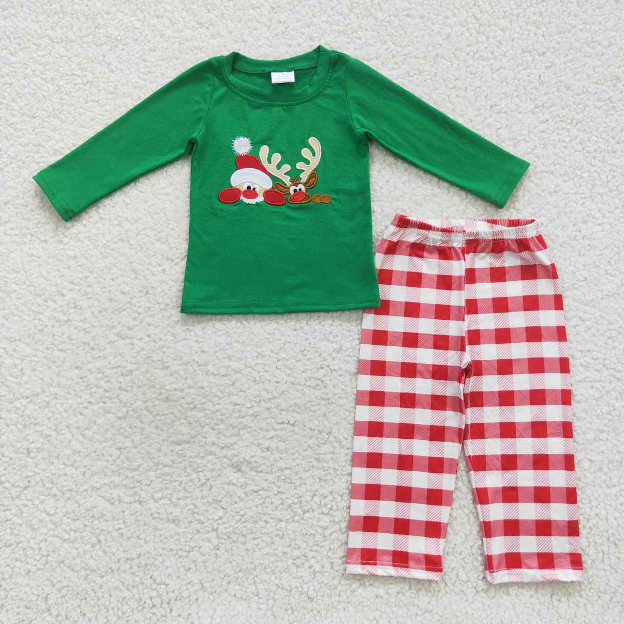 BLP0203 Boys Christmas Embroidered Santa Reindeer Plaid Green Long Sleeve Pants Set