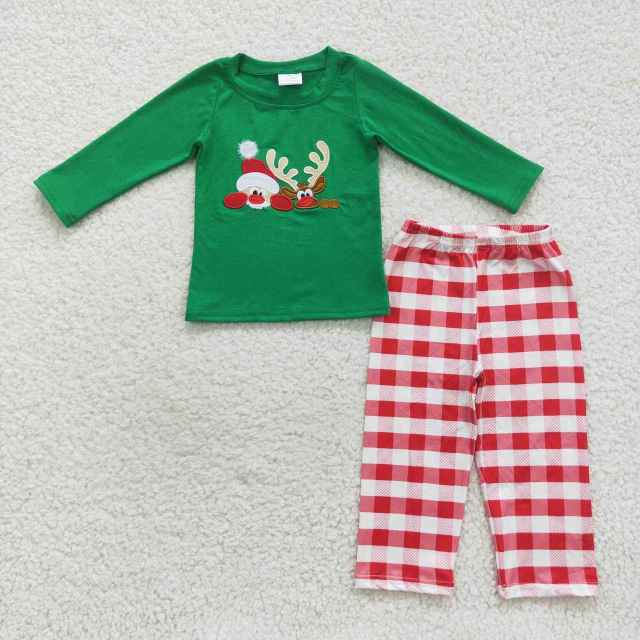 BLP0203 Boys Christmas Embroidered Santa Reindeer Plaid Green Long Sleeve Pants Set