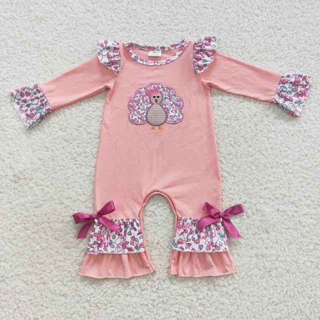 LR0358 Girls Floral Lace Embroidered Turkey Pink Long Sleeve Bodysuit