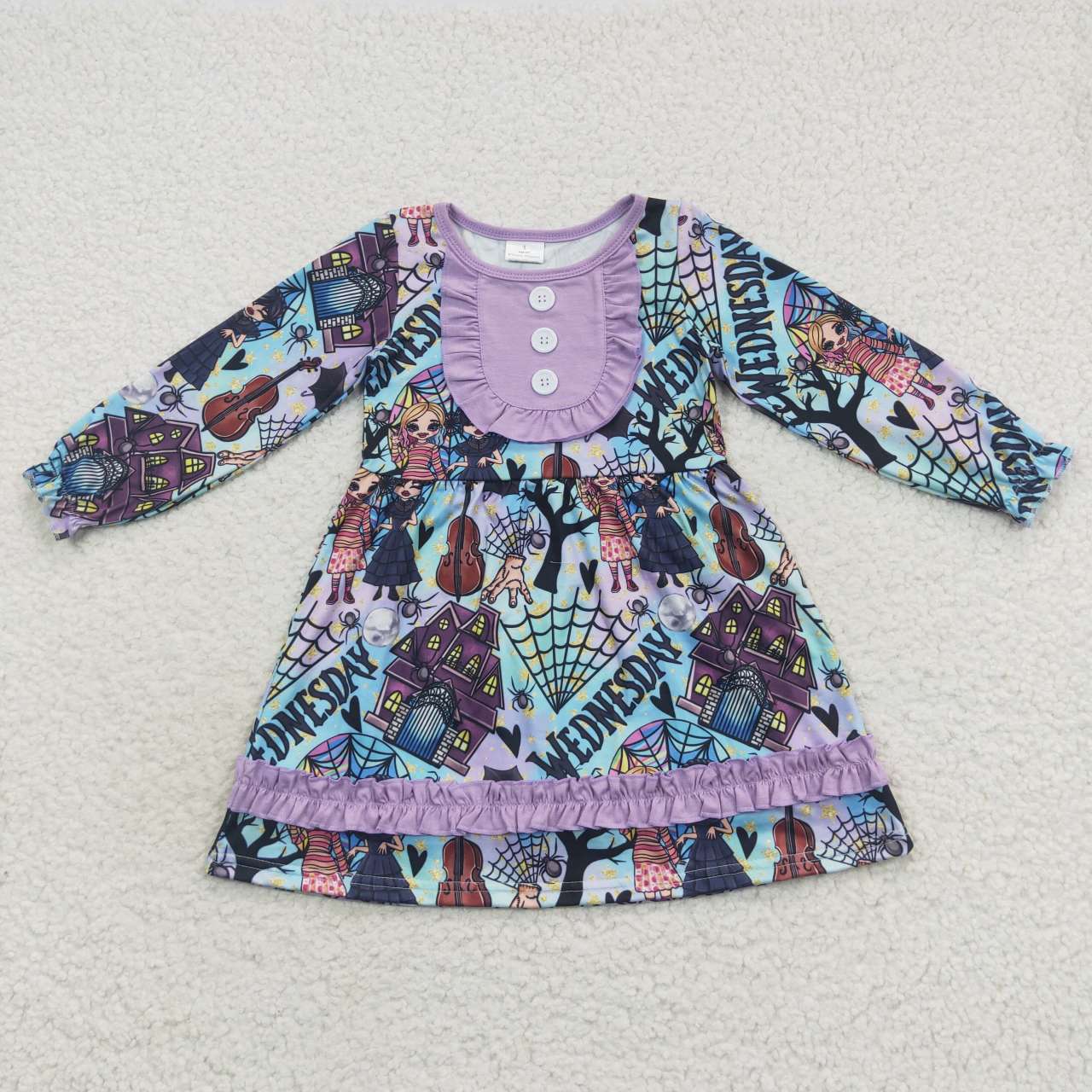 GLD0329 Wednesday Purple Lace Long Sleeve Dress