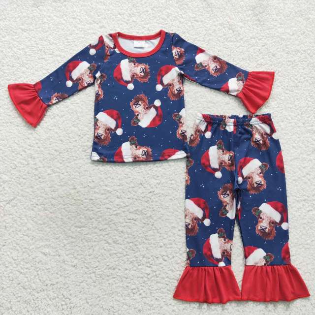 GLP0698 Christmas Hat Bull Head Red Lace Navy Blue Long Sleeves Pants Suit