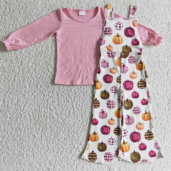 GLP0188 Girls Autumn Pumpkin Pink Long-sleeved Trousers Suit Overalls
