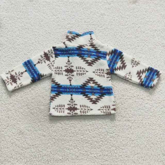 BT0354 aztec geometric blue and white zip up fleece jacket long sleeve top