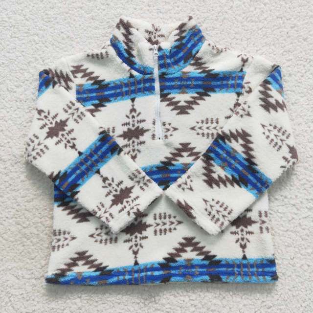 BT0354 aztec geometric blue and white zip up fleece jacket long sleeve top