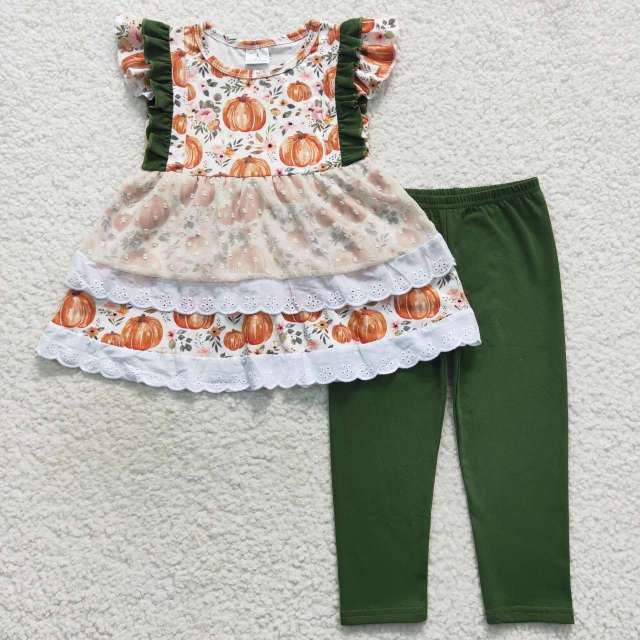 GSPO0810 Pumpkin Blossom Lace Short Sleeve Green Pants Suit